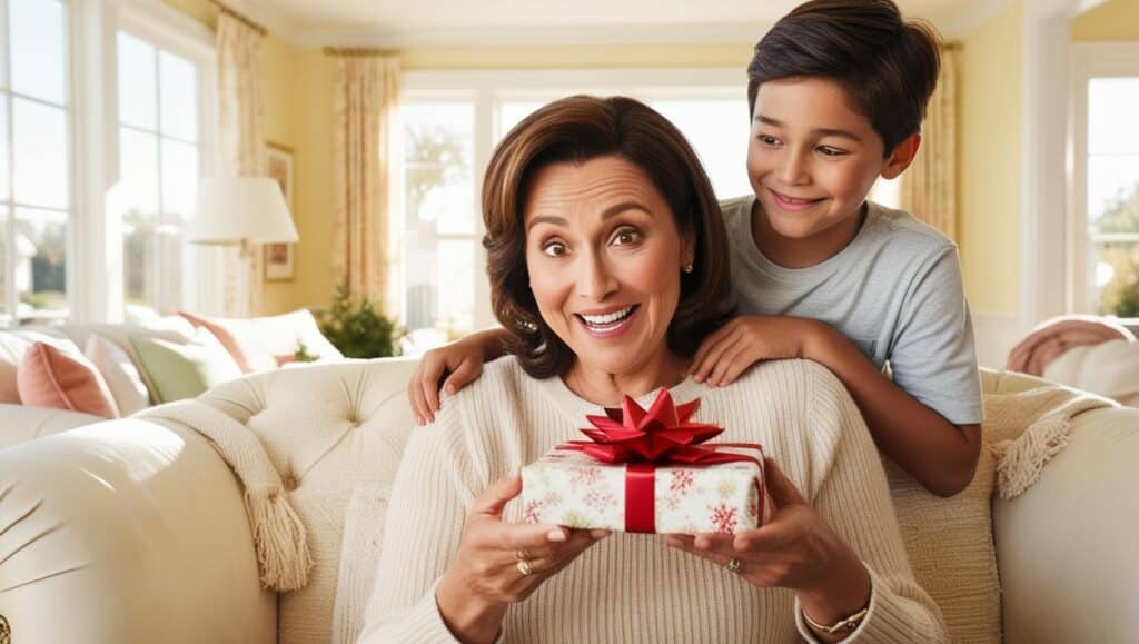 mère, assise sur un canapé cosy dans un salon lumineux, ouvrant une boîte cadeau avec un regard rempli d’émotion et de surprise. Son enfant (adulte ou enfant) se tient à côté d’elle avec un sourire complice