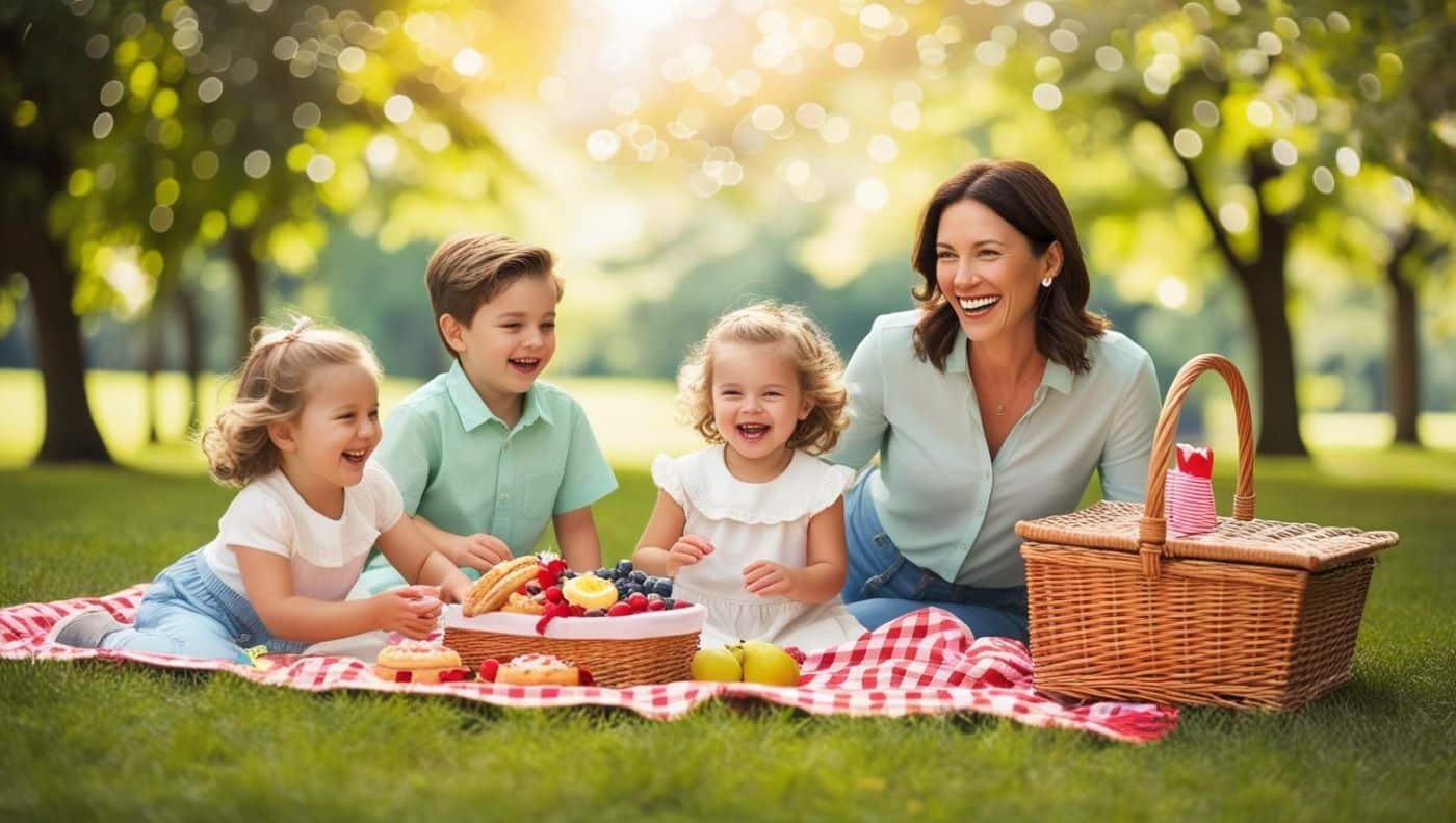 scène en pleine nature, dans un parc verdoyant, avec une couverture posée sur l’herbe, un panier rempli de douceurs et une mère entourée de ses enfants en train de rire