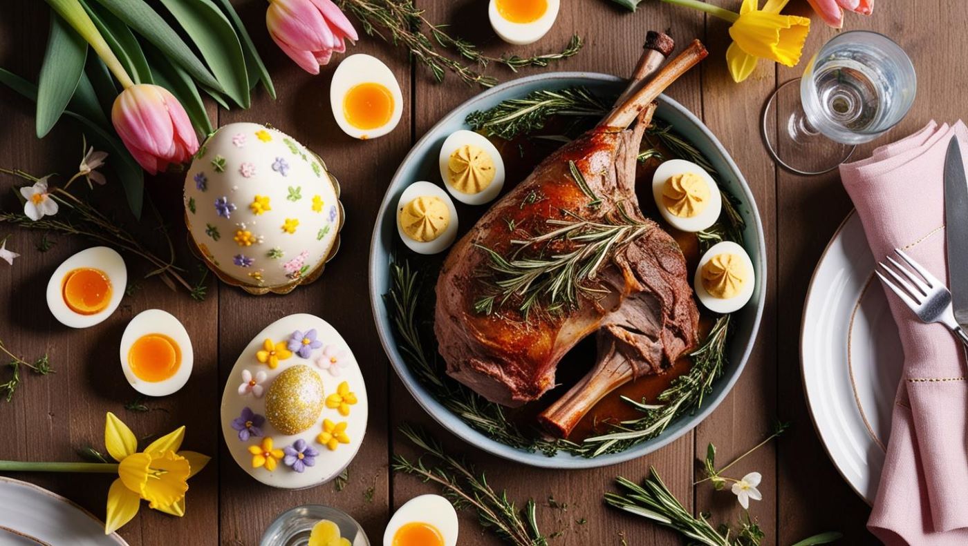 table vue de dessus avec un repas de Pâques dressé : un agneau rôti avec des herbes, des œufs mimosa joliment présentés, et un gâteau en forme d’œuf décoré. Les plats sont entourés de décorations comme des fleurs de printemps et des serviettes pastel