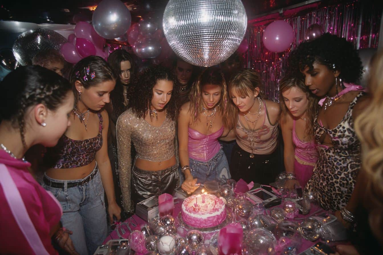 Soirée rétro années 2000 d'anniversaire avec mode Y2K authentique et décorations métalliques nostalgiques