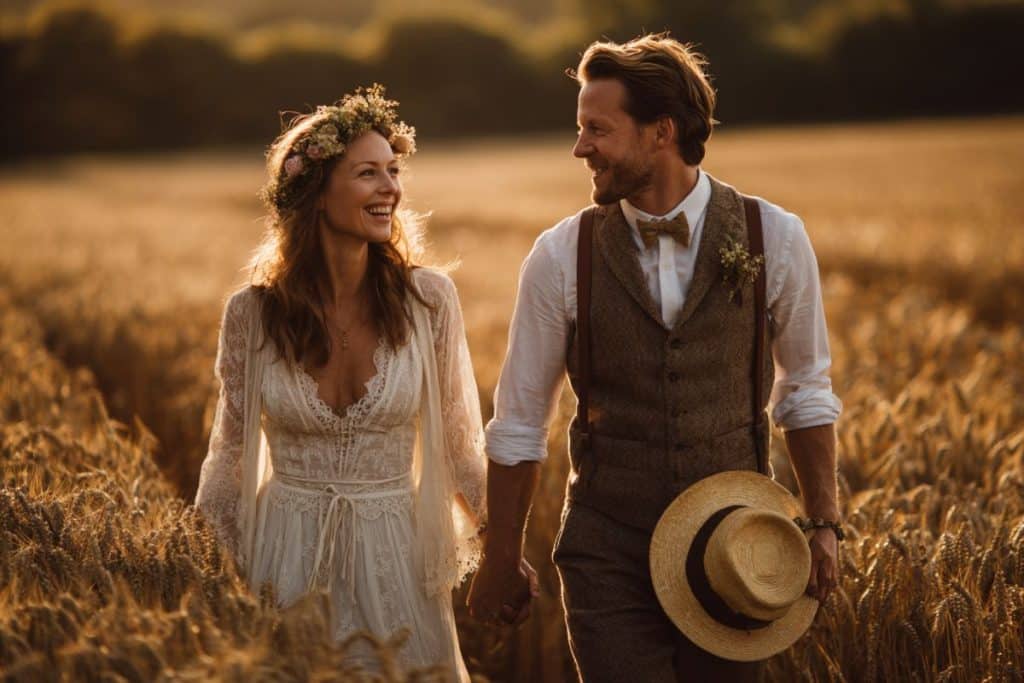 Couple de mariés dans un champ de blé au coucher du soleil, illustrant le style vestimentaire champêtre : robe bohème en dentelle et costume homme rétro avec bretelles.
