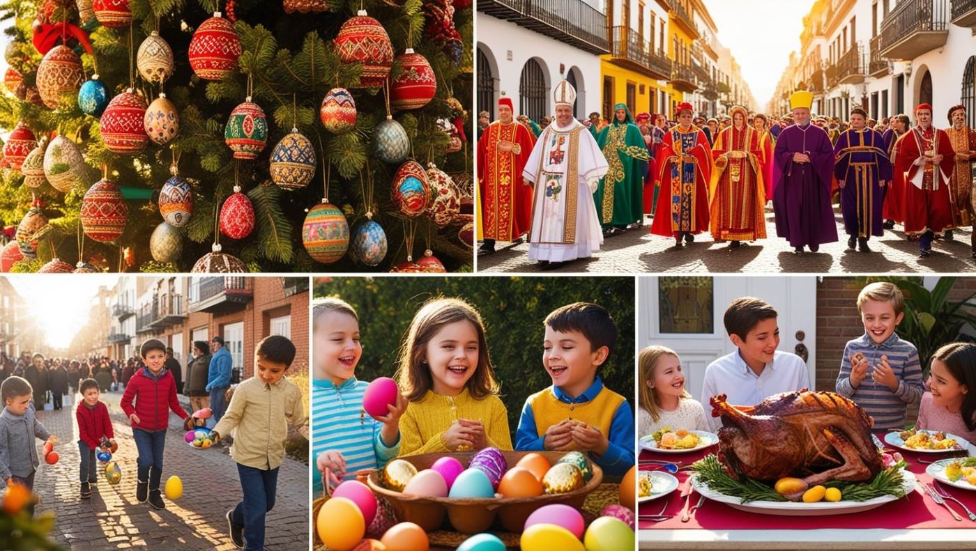 collage d'images montrant différentes traditions : un arbre décoré d’œufs en Allemagne, une procession religieuse en Espagne, des enfants ramassant des œufs aux États-Unis, et un repas de Pâques italien avec un agneau rôti