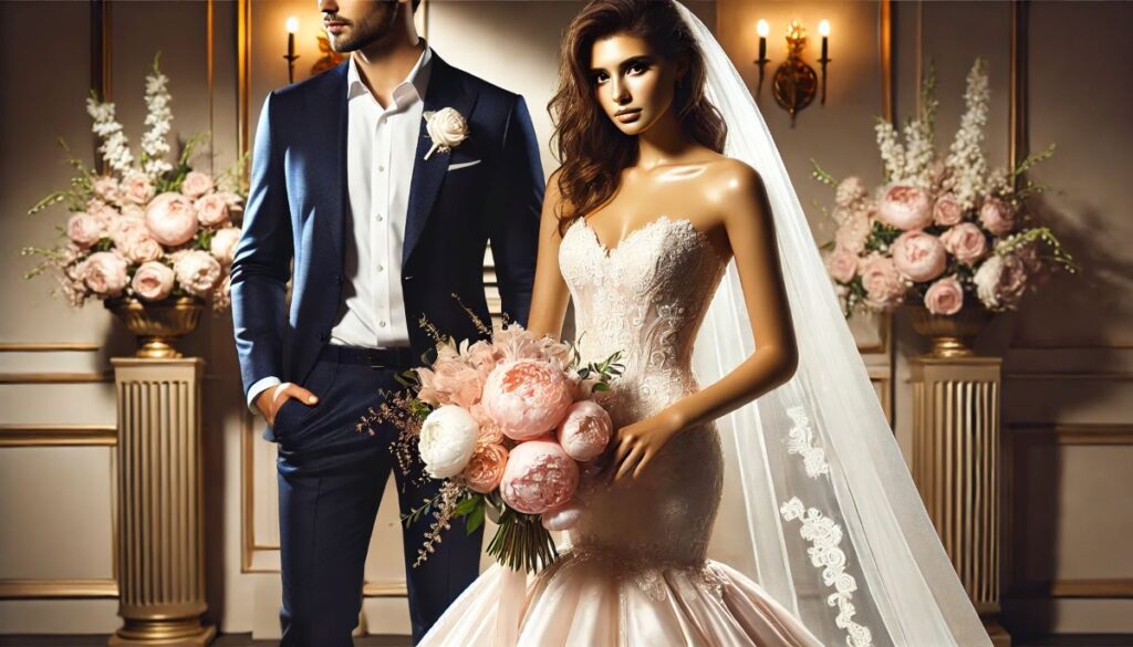 mariée portant une robe sirène en satin blanc avec des détails en dentelle scintillante et un voile délicatement brodé, tenant un bouquet de pivoines et de roses blush. À ses côtés, le marié porte un costume bleu marine avec une boutonnière en rose blanche, une montre élégante et des chaussures en cuir noir verni