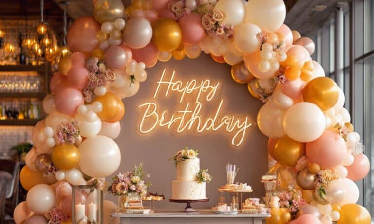 Ballons et gâteau pour une soirée d'anniversaire à thème