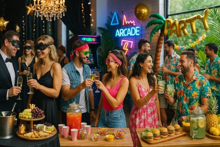 Trois fêtes d’anniversaire adultes se déroulant dans un même lieu : une soirée élégante masquée en noir et or, une ambiance années 80 fluo avec arcade, et un coin tropical avec chemises hawaïennes, cocktails et mini-burgers.