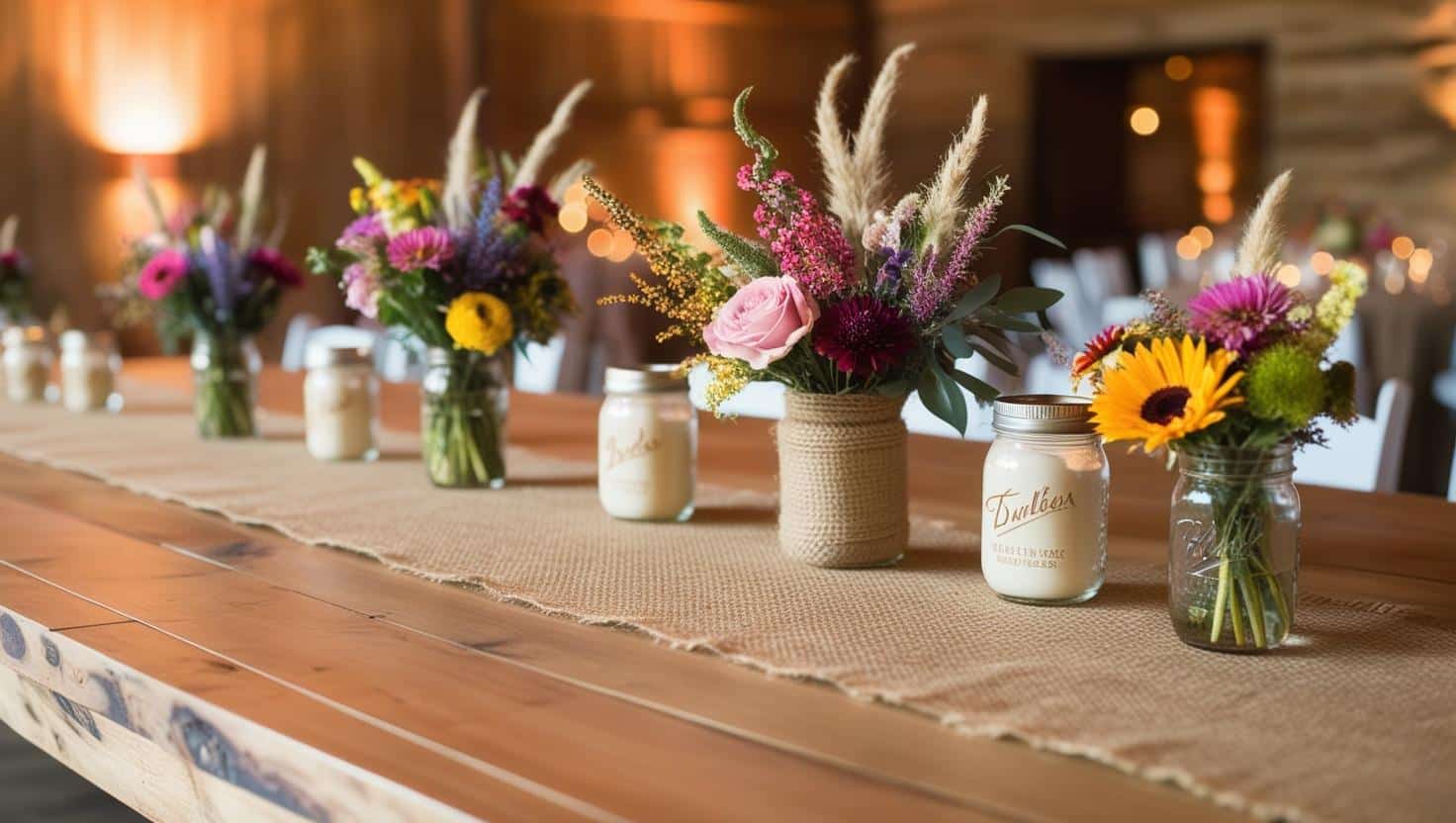 Un chemin de table en jute naturel posé sur une grande table en bois brut.
Accompagné de bouquets de fleurs sauvages, bougies en bocaux et marque-places en bois gravé.
Un fond légèrement flou avec une salle de réception rustique