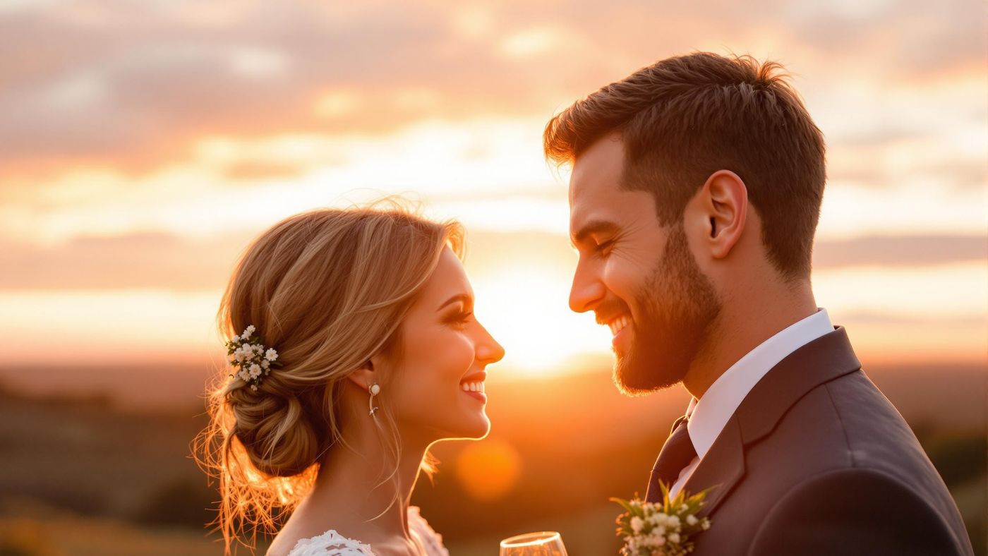 photo captivante d'un couple se tenant face à face, avec un magnifique coucher de soleil en arrière-plan. La mariée tient un micro vintage, symbolisant le moment où elle récite ses vœux, tandis que le marié l'écoute attentivement, les yeux remplis d'amour