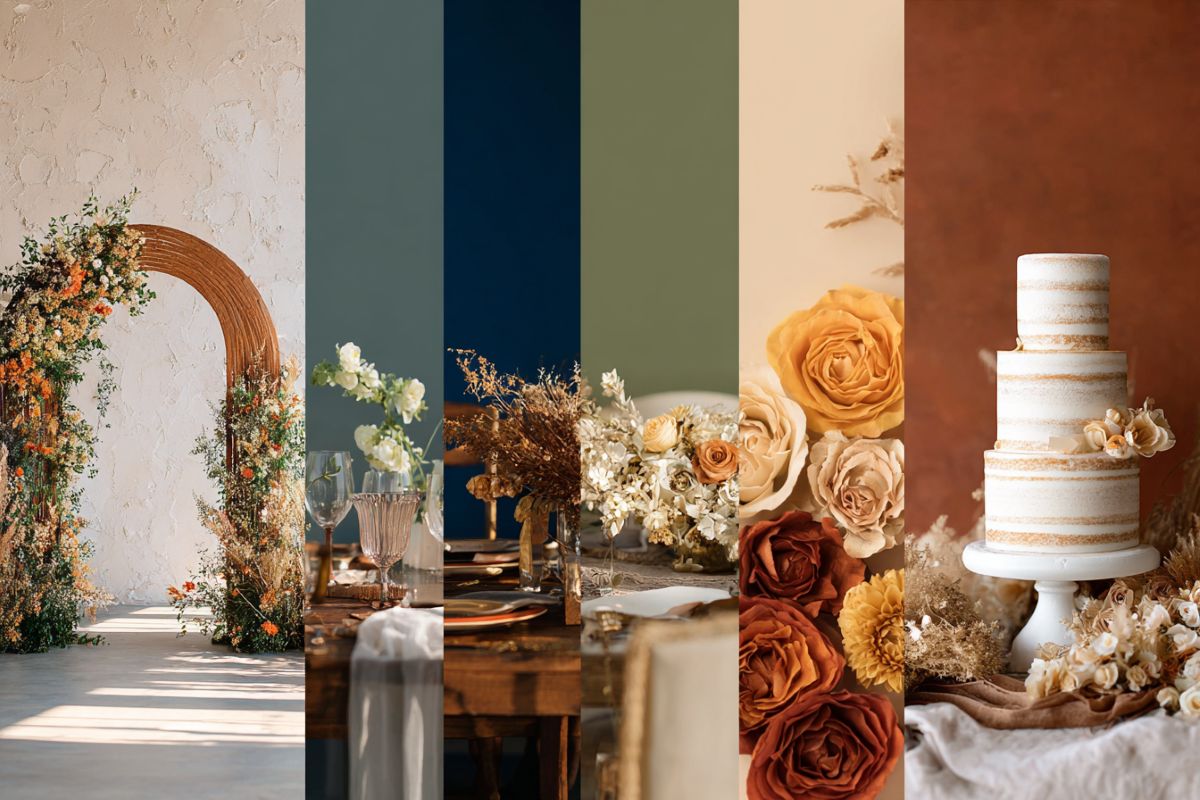 Couleurs tendance mariage 2026 : palette vert sauge, bleu nuit, terracotta et prune avec exemples de décoration pour cérémonie et réception