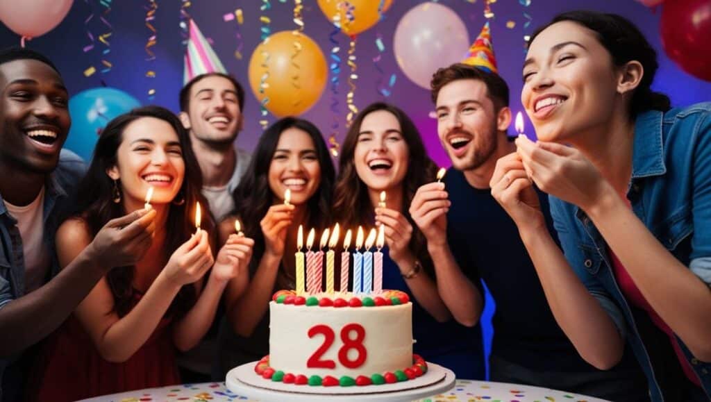 Une scène festive ultra dynamique avec un groupe d’amis en train de souffler des bougies sur un gâteau "28 ans". Un décor coloré avec des ballons, guirlandes et confettis en l’air pour renforcer l’ambiance festive. Un visage heureux en gros plan qui symbolise la joie et l’excitation du moment