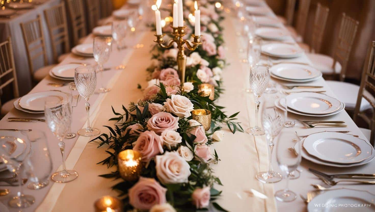 longue table repas mariage décoration chemin fleurs bouquet chic élégant