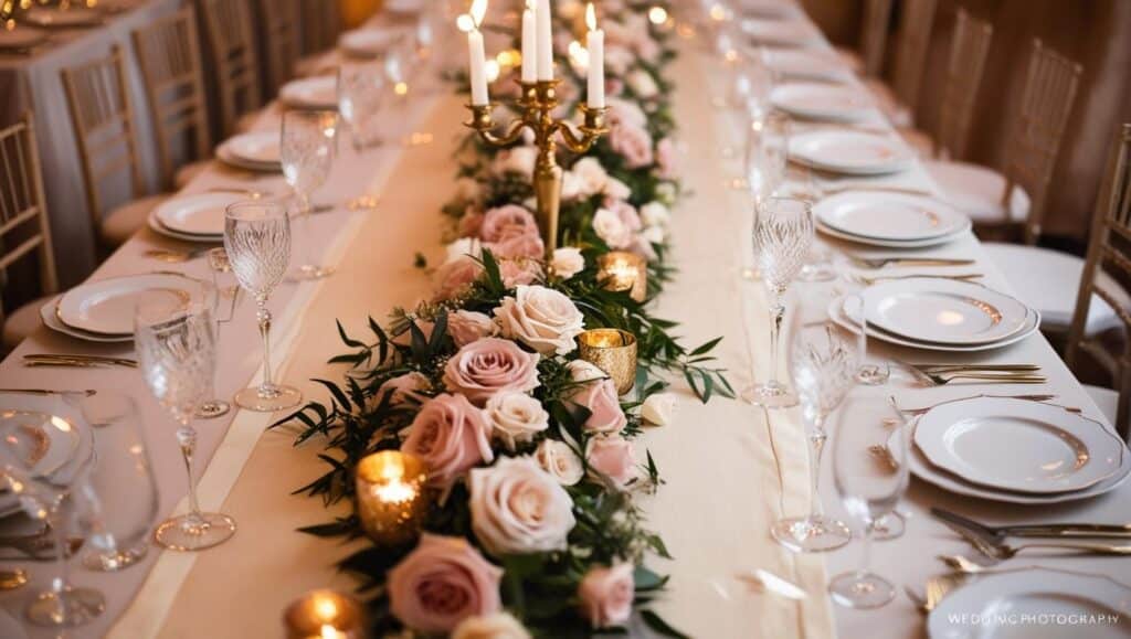 Une longue table de mariage élégamment dressée avec un chemin de table en lin ou en dentelle qui court au centre. Une vue en plongée dynamique pour capturer l’ensemble de la décoration : assiettes raffinées, verres en cristal, fleurs et bougies. Lumière douce et romantique, ambiance chaleureuse avec des reflets dorés