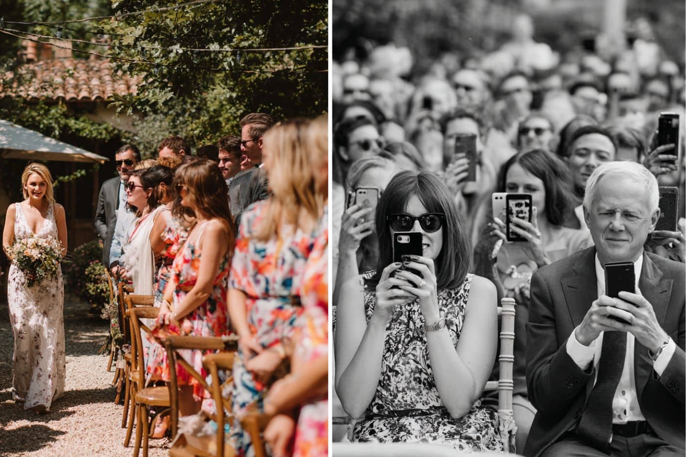 Comparaison mariage traditionnel vs unplugged : invités avec smartphones vs invités présents profitant de la cérémonie