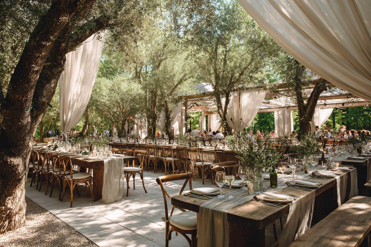 Réception mariage organic modern 2026 en extérieur avec tables bois brut, lin naturel, céramique artisanale et végétation vivante