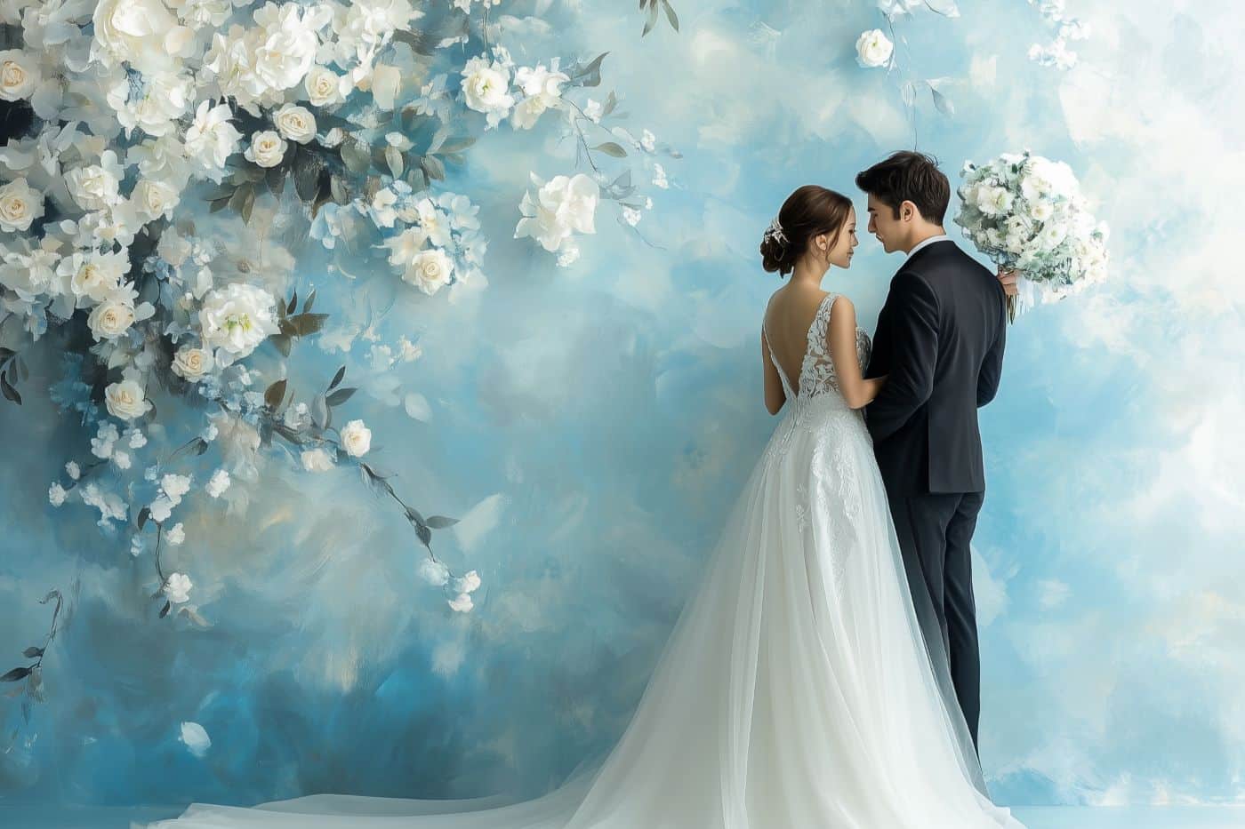 peinture mariage thème bleu mariés fleur blanches