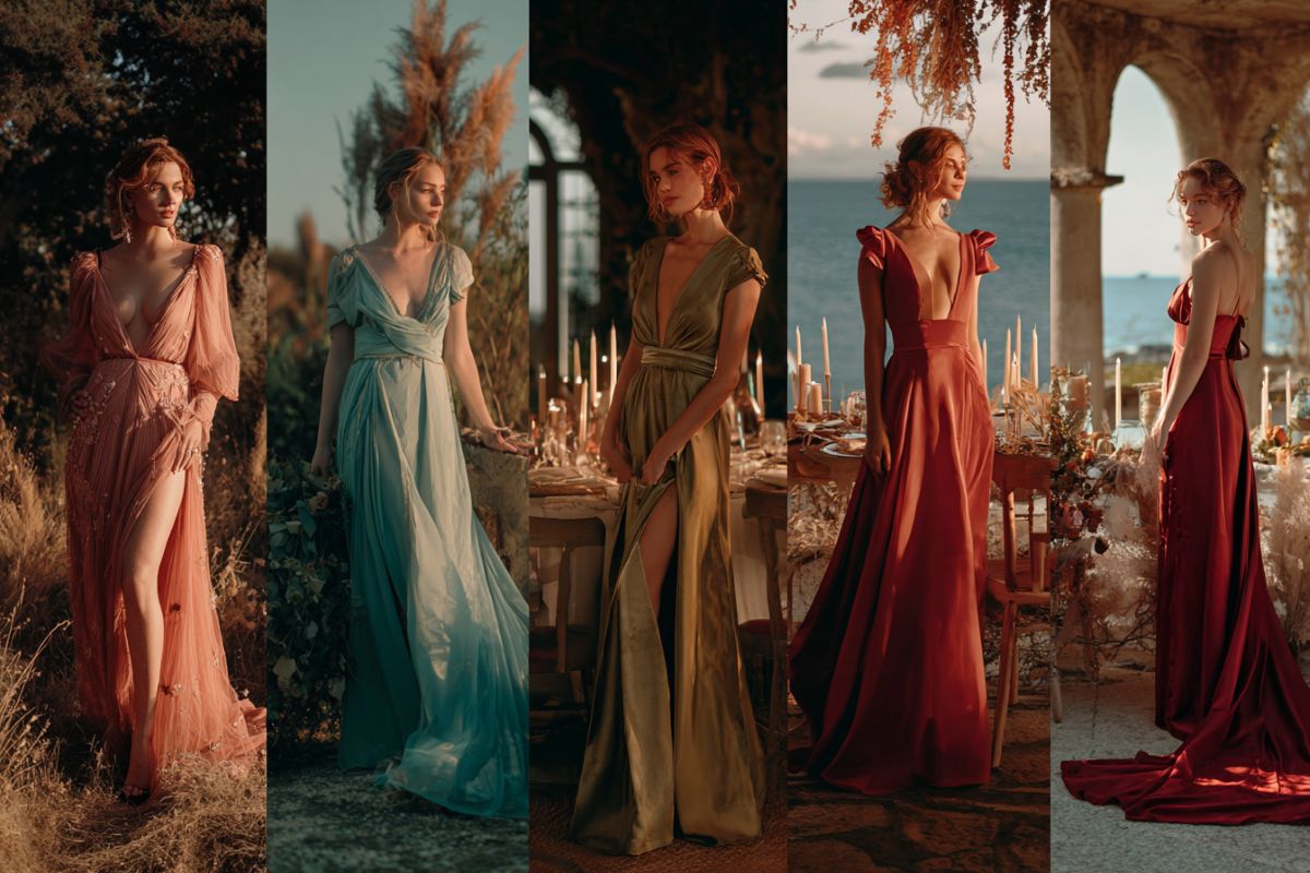 Robes de mariée colorées 2026 en situation réelle : blush pour mariage bohème, bleu pour mariage plage, vert sauge automne, terracotta méditerranéen, rouge rubis soirée