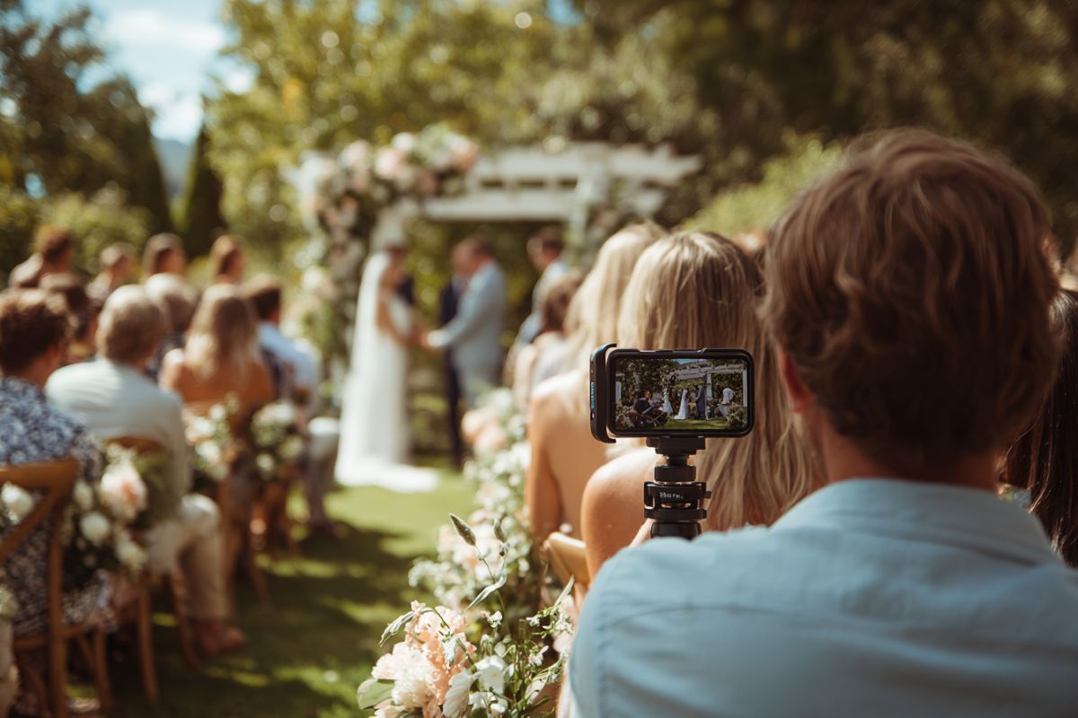 Processus de création de contenu mariage : wedding content creator filmant une cérémonie et résultat final en vidéo Instagram Reels