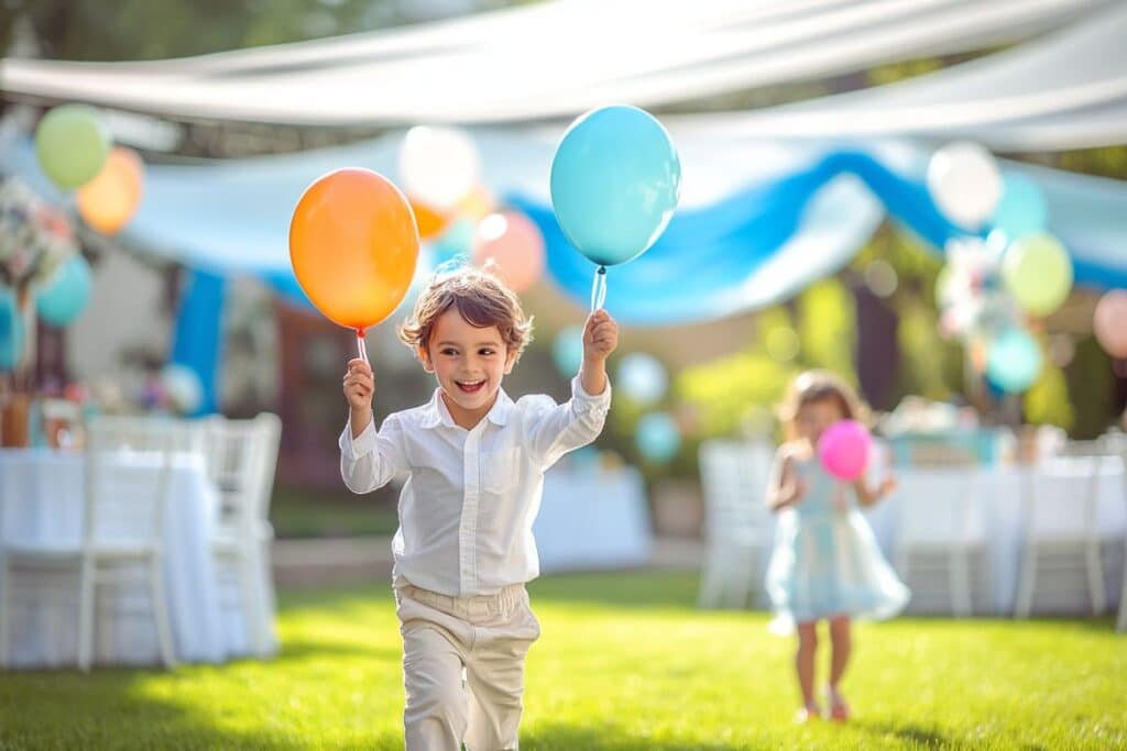 fête communion garçon jardin avec ballon gonflable garçon fête cérémonie