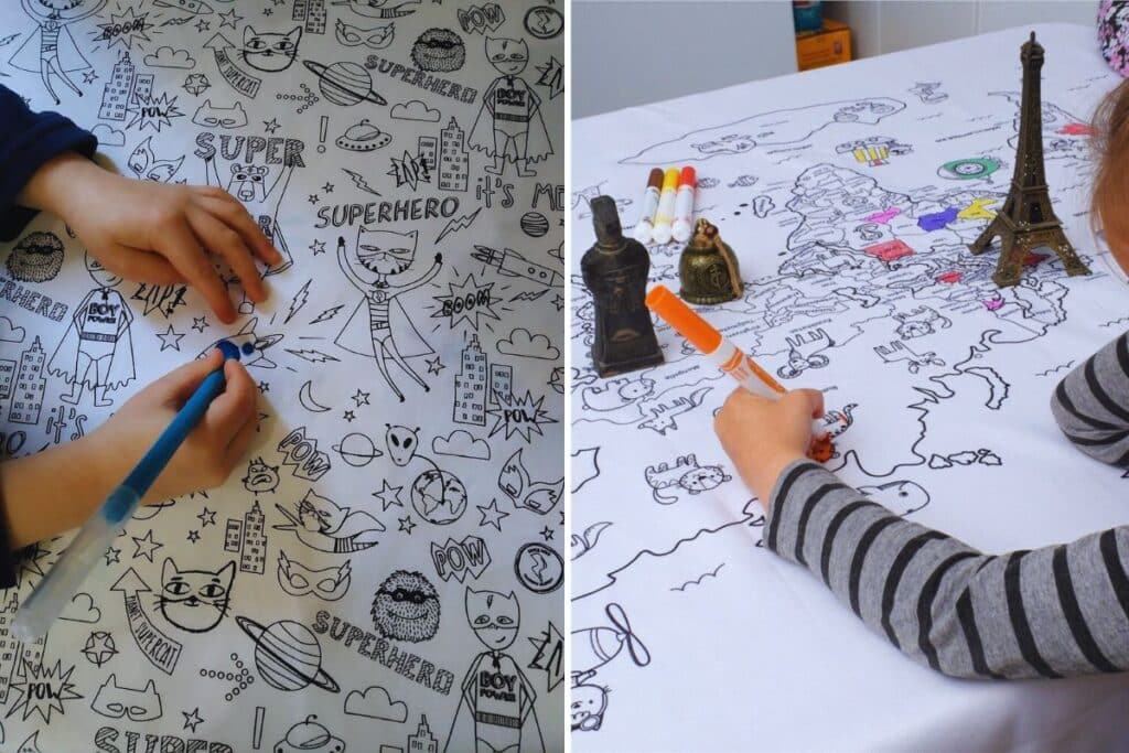 occuper les enfant avec une nappe dessin à colorier feutre crayon de couleurs tour eiffel carte du monde