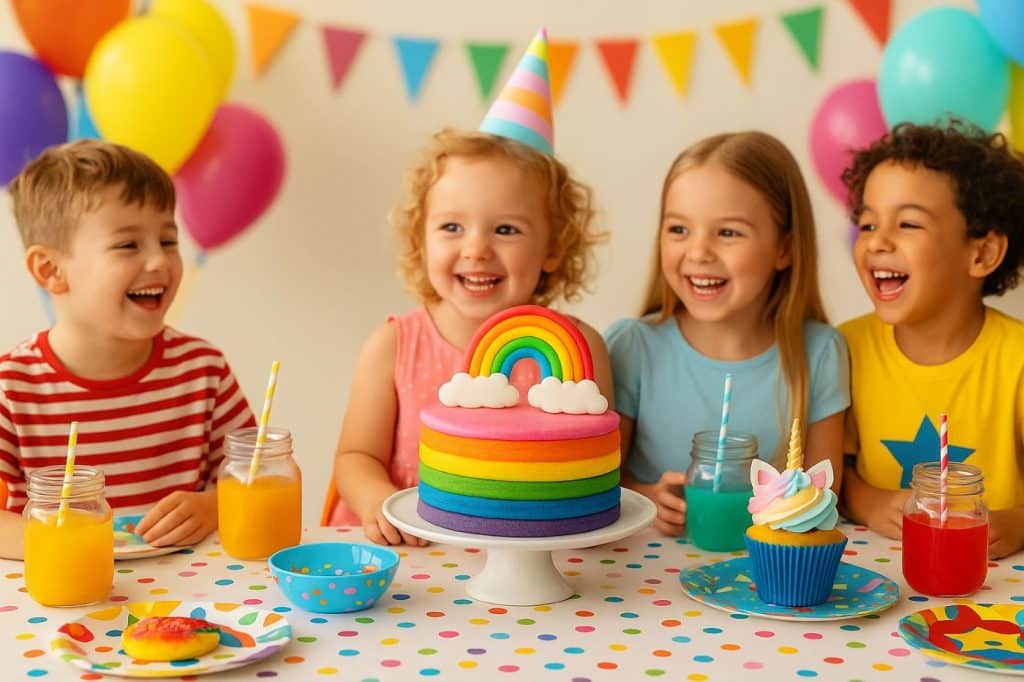 gouter anniversaire enfant de 5 ans table gateau arc en ciel déco