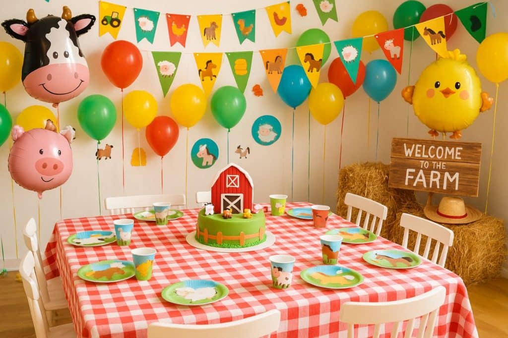 déco ferme ballon vache poussin table gouter anniversaire nappe carreau thème pour enfants