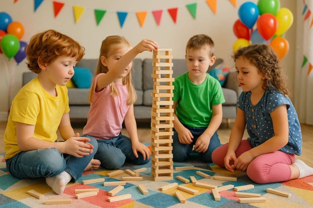 groupe d'enfants jouant jeu kapla tour bois activité calme intérieur salon tapis