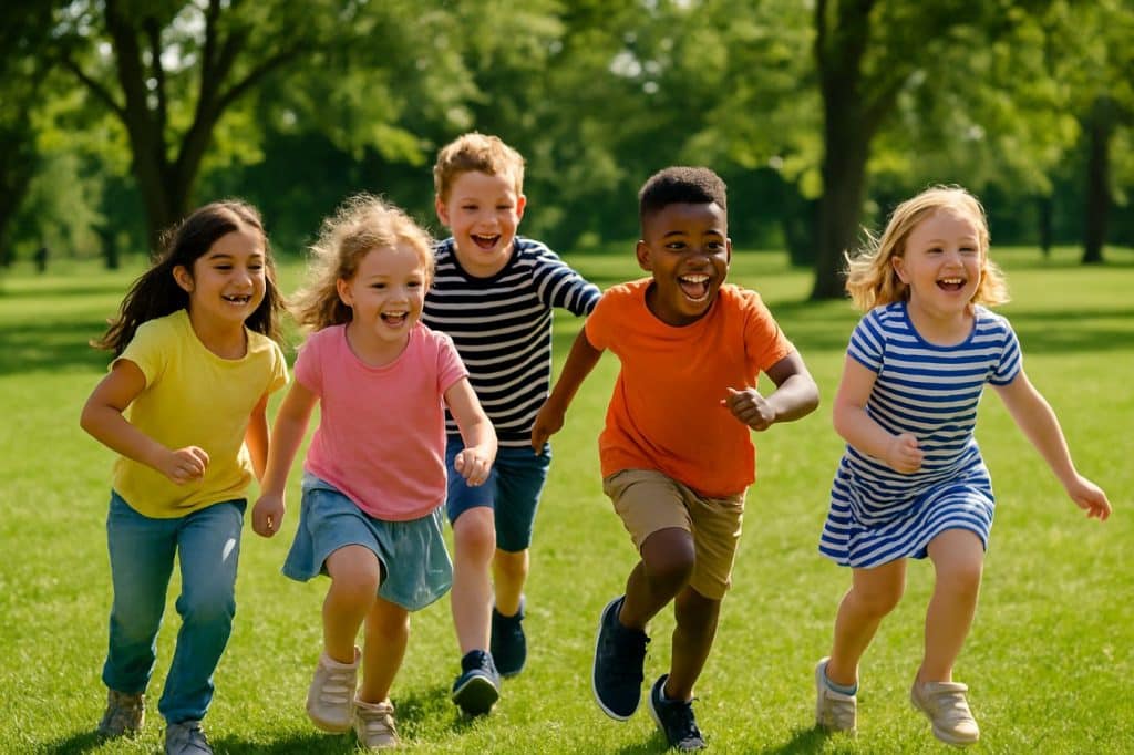 enfants de 5 ans s'amusant à courir dans un jardin parc herbe