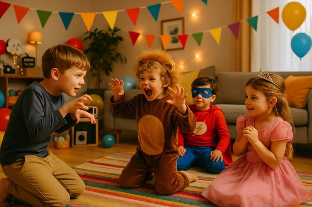 jeu du mime activité enfant 5 ans salon amis costume lion super héro tapis drôle rigolo
