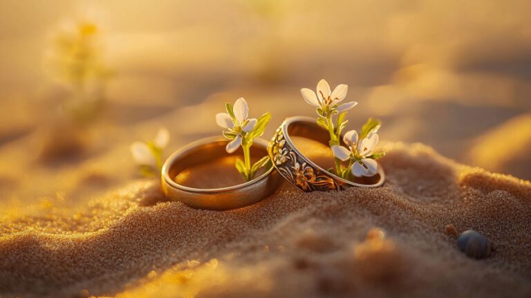 Photographie macro de deux alliances anciennes, en or patiné, partiellement enfouies dans le sable chaud du désert. De minuscules pousses vertes et de délicates fleurs blanches en émergent. Douce lumière dorée du soleil, textures complexes de sable et de métal, faible profondeur de champ, macro cinématographique