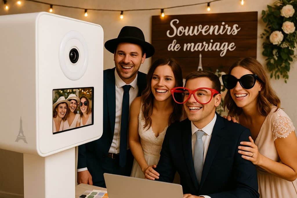 Invités utilisant une borne photo avec accessoires et décoration lumineuse de mariage smakk blanche photobooth paris accessoires lunettes