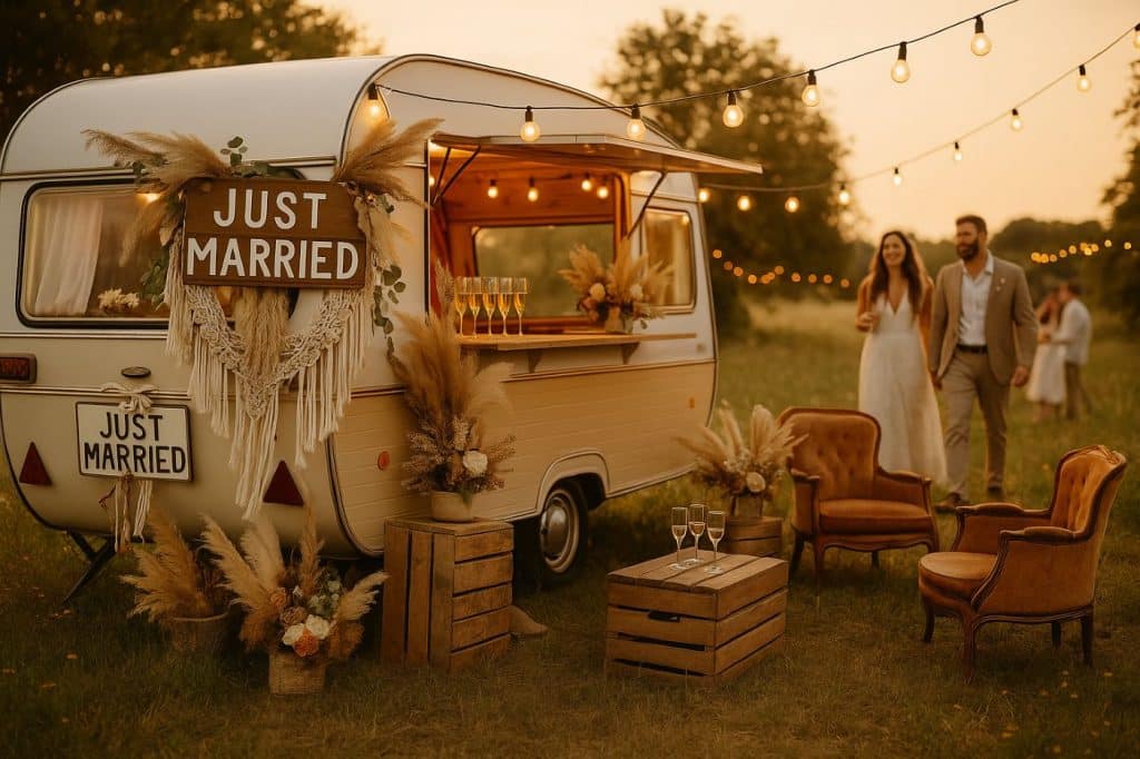 Caravane rétro transformée en bar à champagne dans un champ au coucher du soleil, décorée pour un mariage bohème avec pancarte Just Married, fleurs séchées et ambiance chaleureuse