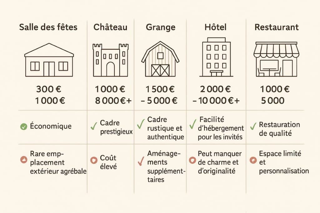 Comparatif des différents lieux de mariage avec avantages et prix moyens