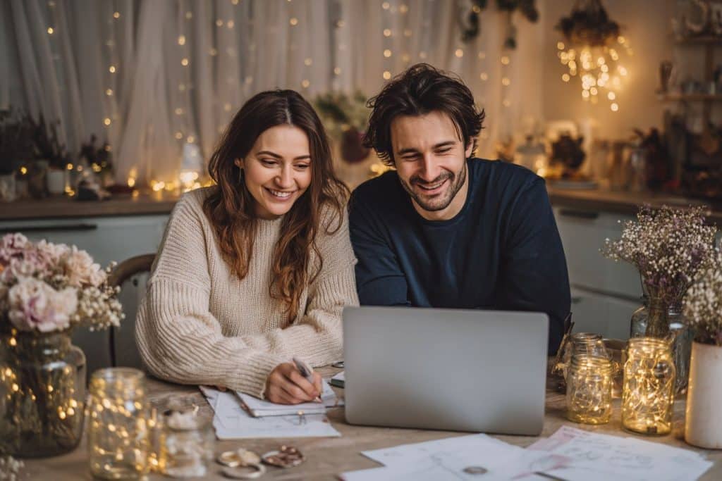 Jeune couple souriant planifiant leur mariage petit budget avec ordinateur portable et listes manuscrites sur table cuisine