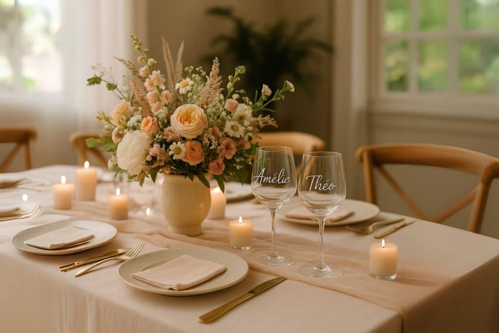 Table de mariage décorée avec des accessoires personnalisés et fleurs pastel
