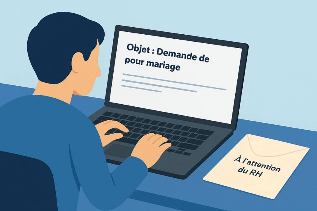 Illustration d’un salarié rédigeant une demande de congé mariage sur son ordinateur avec une enveloppe adressée aux ressources humaines