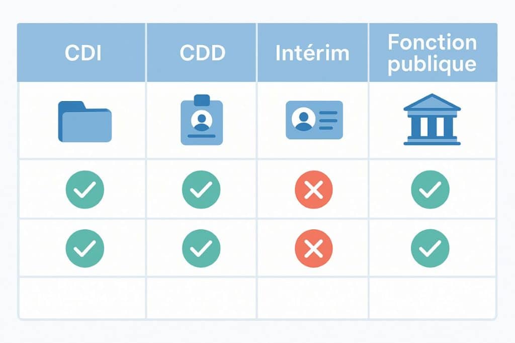 Tableau comparatif illustré des droits au congé mariage pour les statuts CDI, CDD, Intérim et Fonction publique avec icônes et pastilles