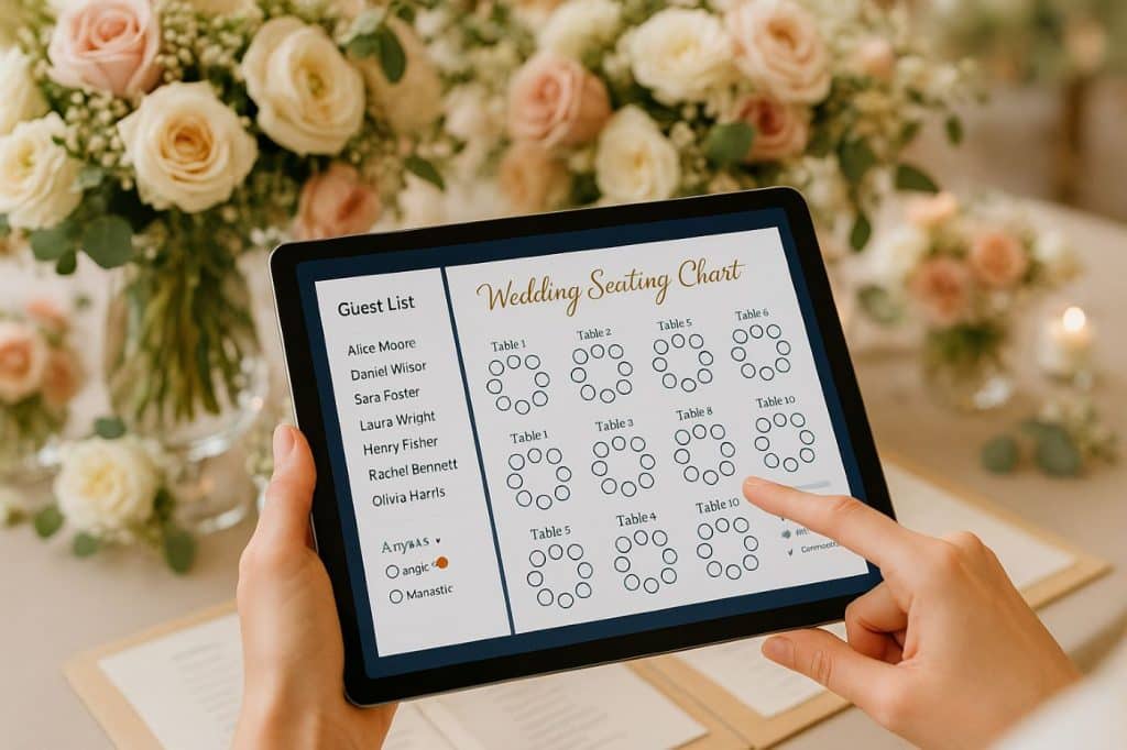 Tablette affichant le plan de table et la liste des invités pour un mariage