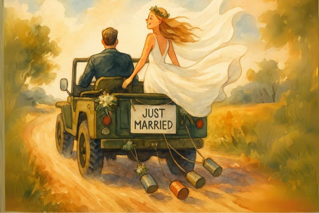 Illustration aquarelle d’un couple de jeunes mariés dans une jeep militaire, la mariée debout à l’arrière avec sa robe au vent, sur un chemin de campagne