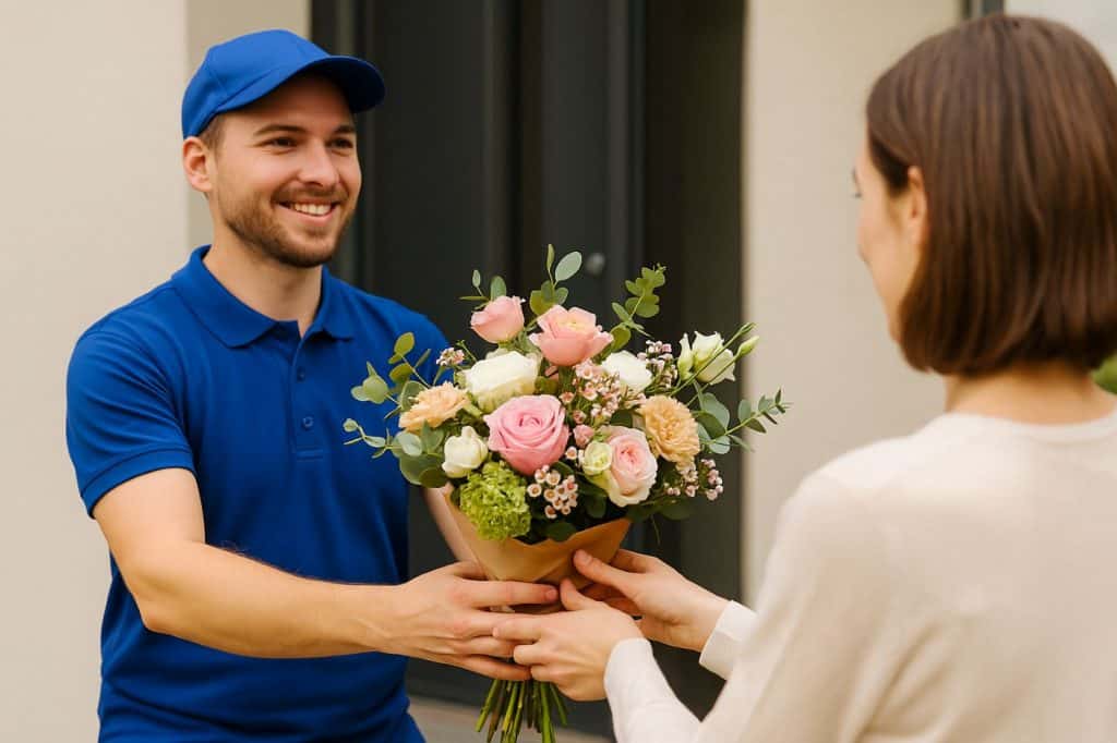livraison à domicile de bouquet de fleur polo bleu livreur maison cliente satisfaite