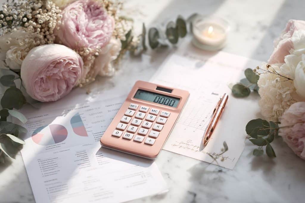 Calculatrice affichant budget 5000€ entourée de planning mariage économique, roses et notes manuscrites sur bureau blanc