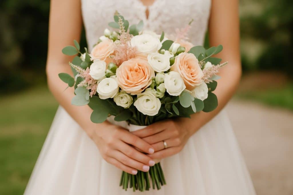 mariée en robe blanche tient le bouquet florale de mariage entre ses mains composition zoom détaillé macro photo