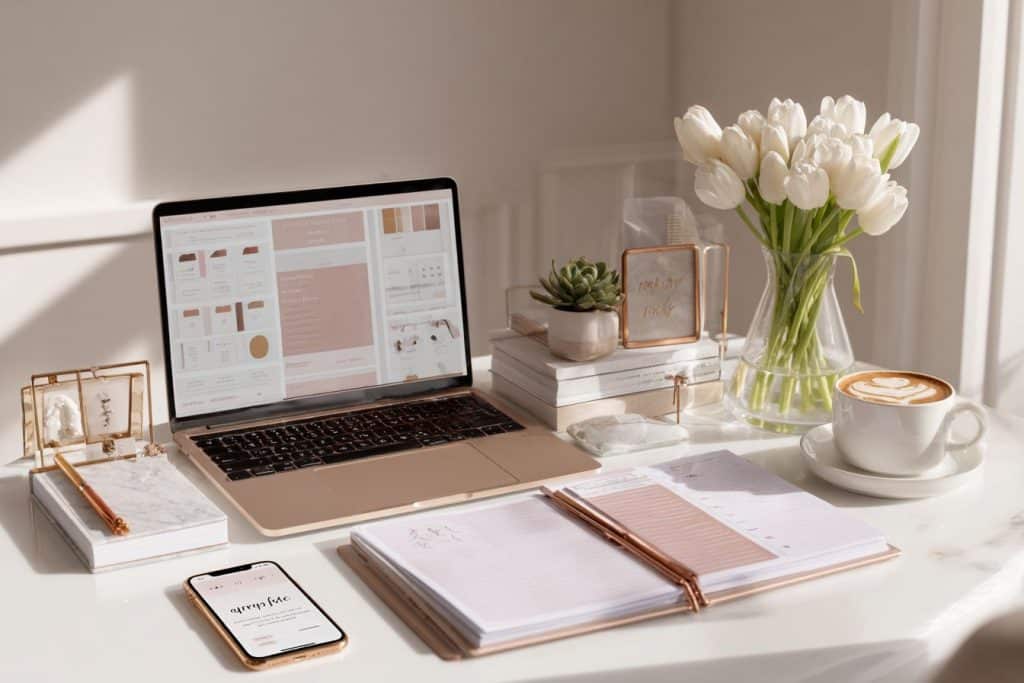 Bureau organisé avec MacBook, checklist mariage cochée, applications budget et accessoires rose gold pour planification économique