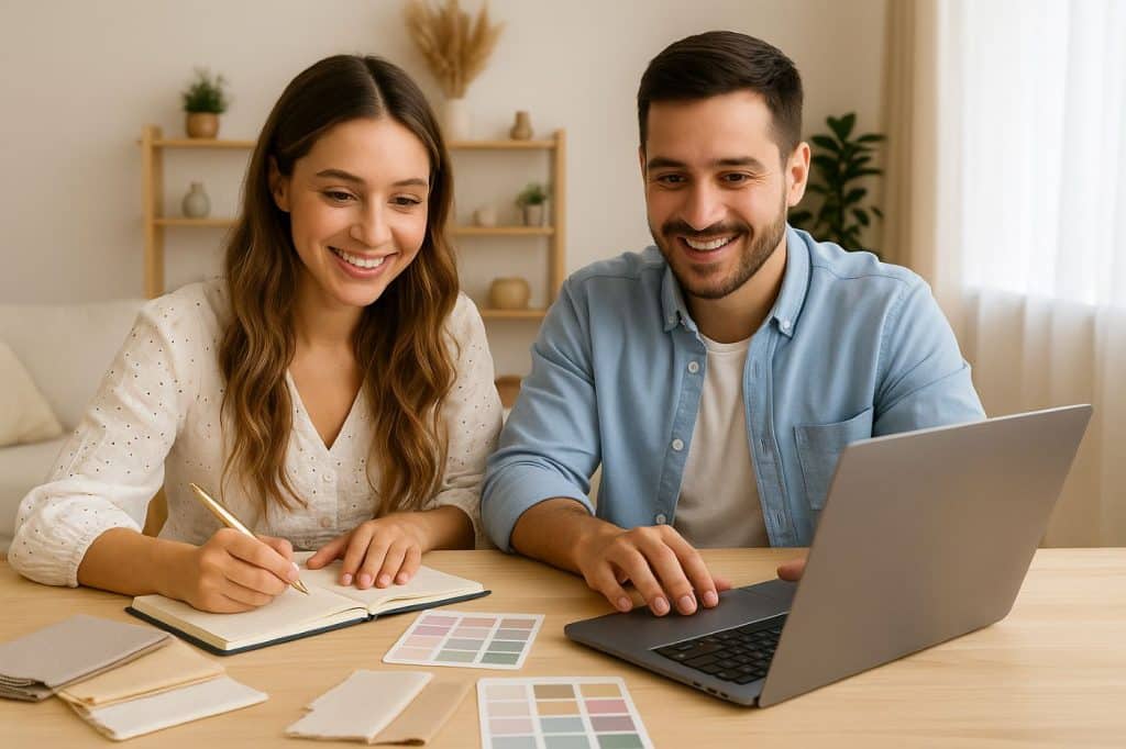 Couple planifiant le budget de leur mariage avec des échantillons de déco