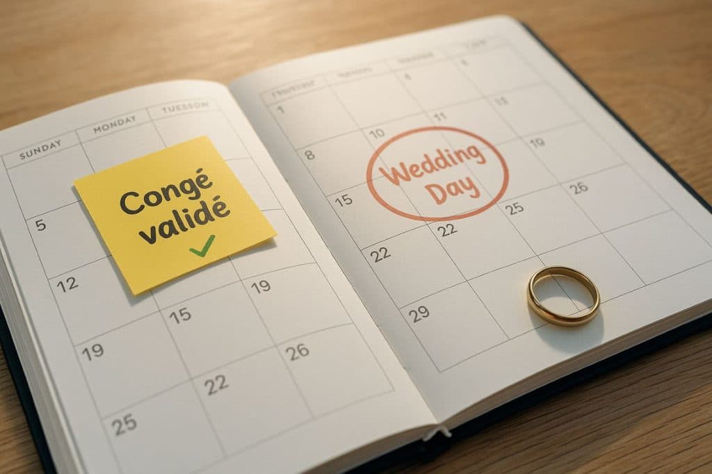 Calendrier ouvert avec la date du mariage encerclée, un post-it "Congé validé" et une alliance posée sur le carnet