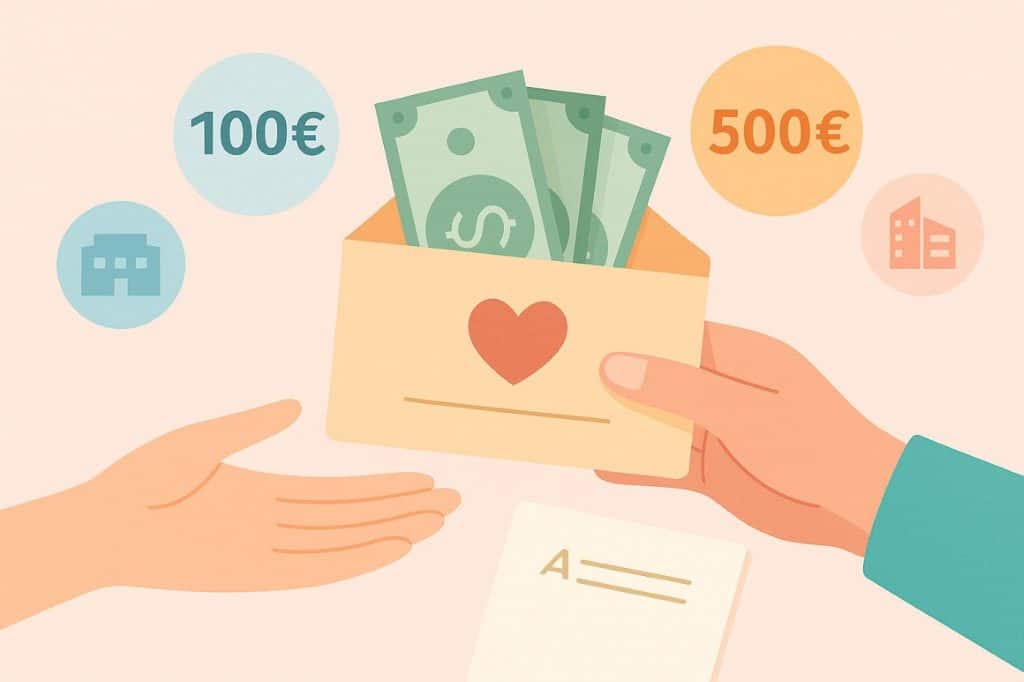 Illustration d’une enveloppe contenant des billets et un cœur, symbolisant une prime de mariage, avec des montants de 100€, 250€, 500€ en arrière-plan