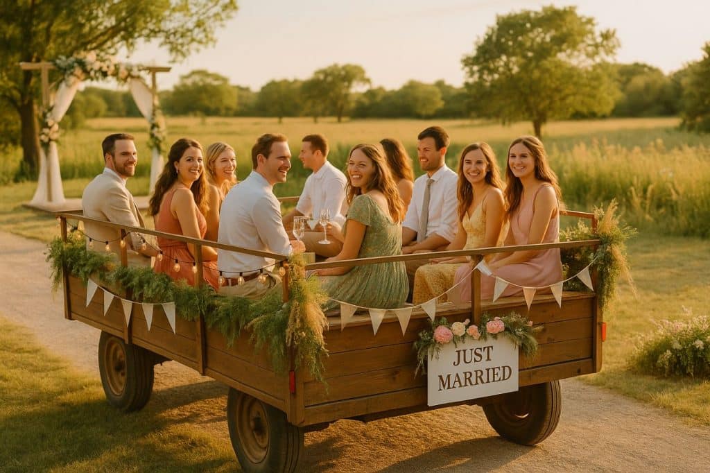 Remorque en bois décorée avec guirlandes et fleurs, transportant des invités de mariage assis sur des bancs dans un décor rural en fin de journée
