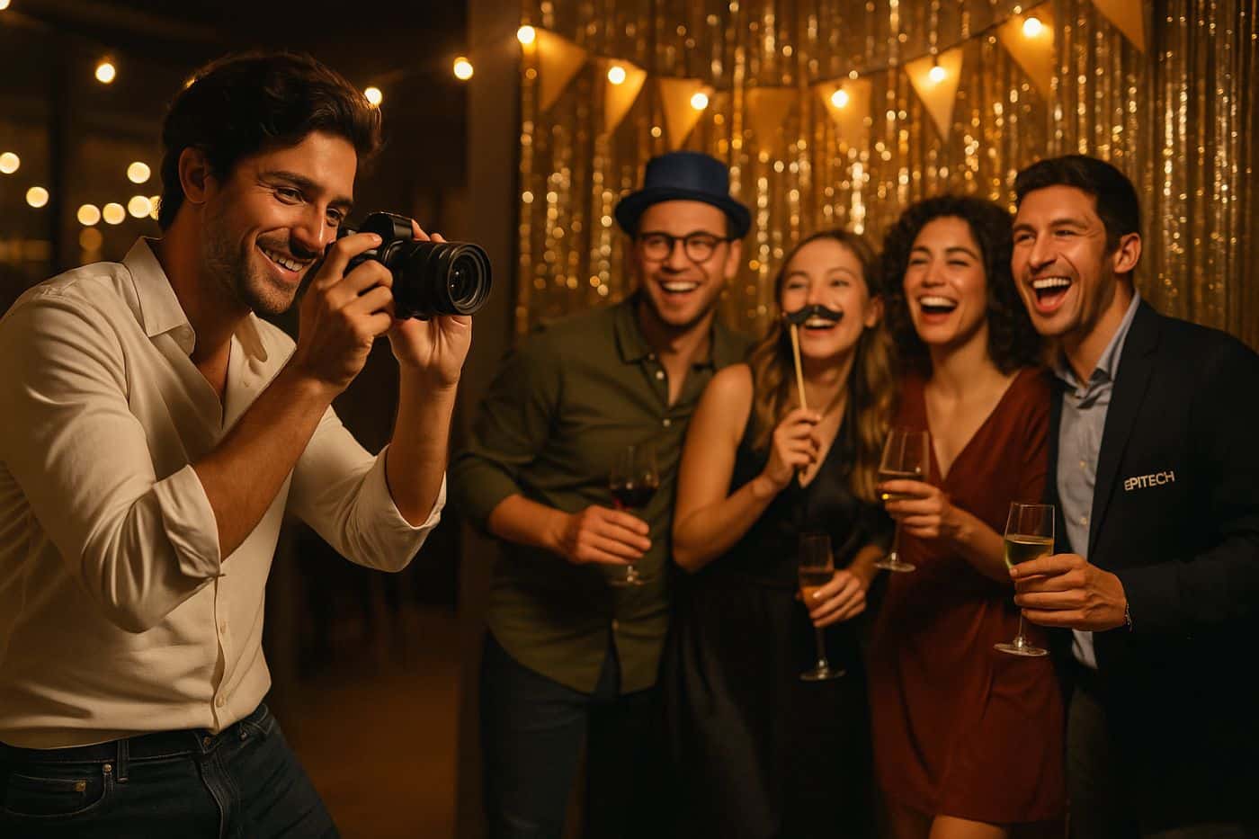 Photographe amateur capturant un groupe dâinvitĂ©s dans un coin photobooth dĂ©corĂ©, lors dâune soirĂ©e festive en intĂ©rieur avec lumiĂšre tamisĂ©e