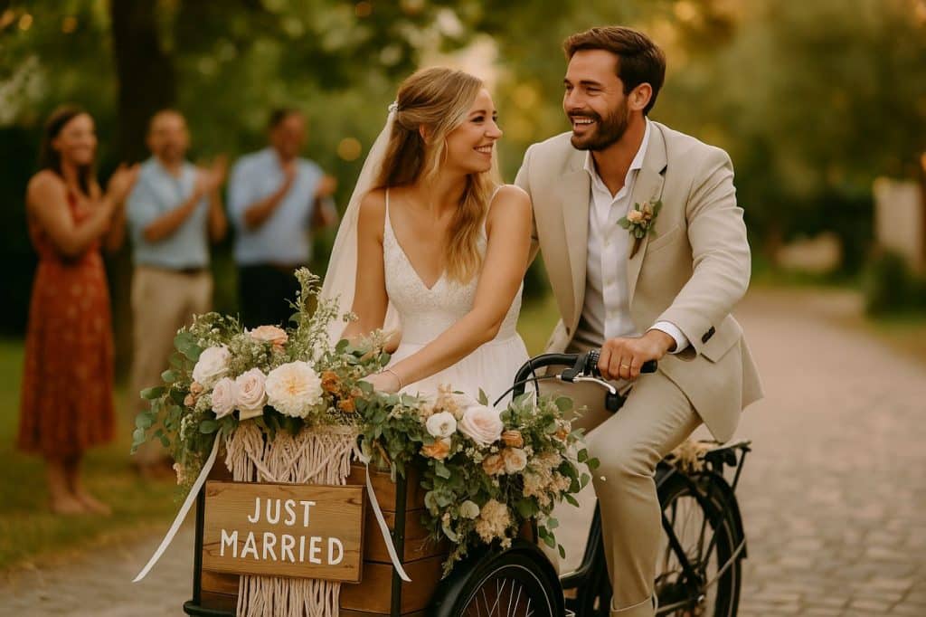 Mariés souriants sur un vélo cargo décoré de fleurs naturelles et d’un panneau Just Married, dans un cadre champêtre avec des invités en arrière-plan