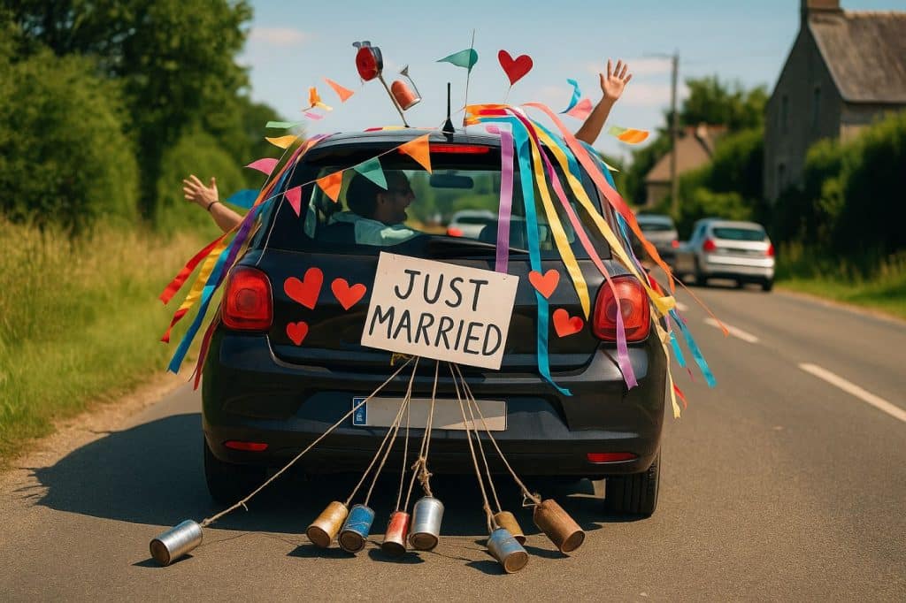 Voiture balai décorée de rubans colorés, fanions et casseroles traînant à l’arrière, dans un cortège de mariage en Bretagne, ambiance festive et décalée