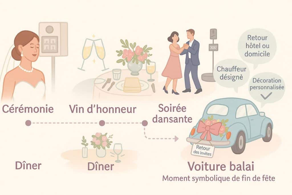 Infographie illustrant les étapes d’un mariage avec la voiture balai à la fin : cérémonie, vin d’honneur, dîner, soirée dansante et retour des invités