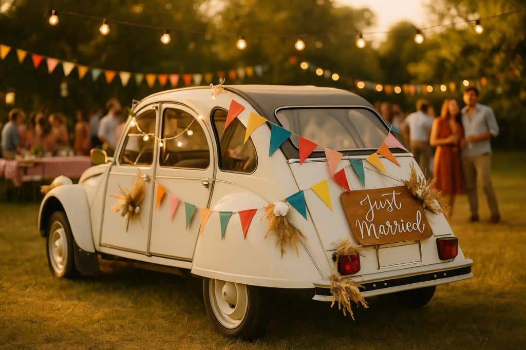 Voiture 2CV décorée avec fanions colorés, guirlandes lumineuses et fleurs séchées, dans un mariage champêtre au coucher du soleil avec invités en arrière-plan